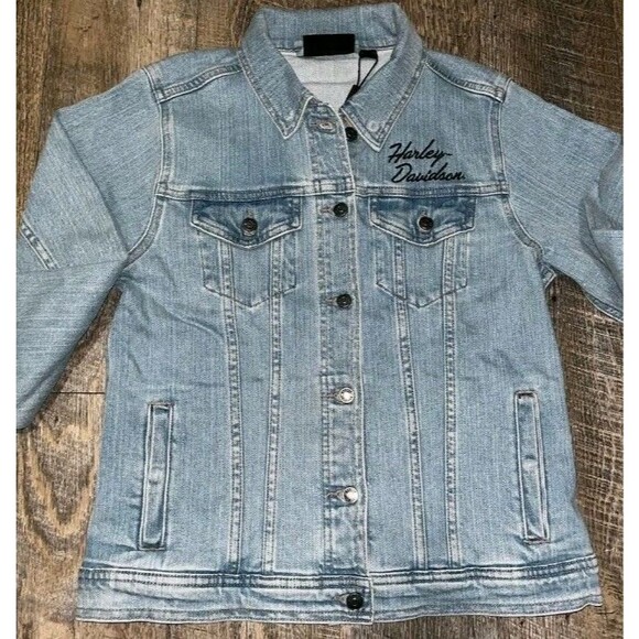 NEW HARLEY DAVIDSON EMBROIDERED WOMEN'S M SILVER WING STRETCH BLACK DENIM JACKET - Picture 6 of 12